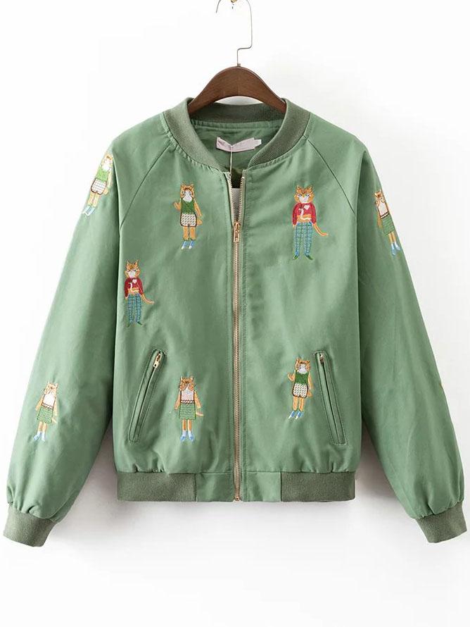 Romwe Green Cat Embroidery Raglan Sleeve Zipper Jacket