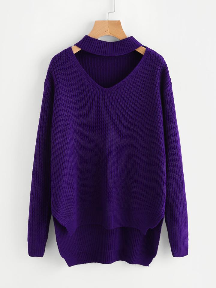 Romwe Choker Neck Stepped Hem Jumper