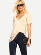 Romwe Light Khaki U Neck Pockets Loose T-shirt