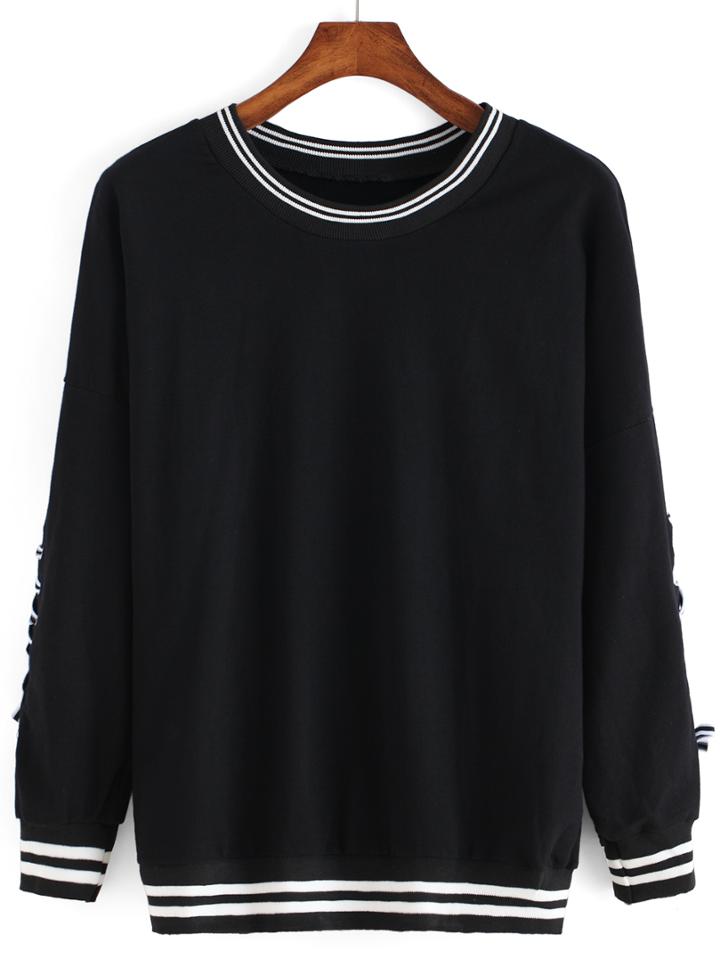 Romwe Round Neck Varsity-striped Lace Up Sweatshirt