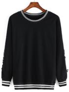 Romwe Round Neck Varsity-striped Lace Up Sweatshirt