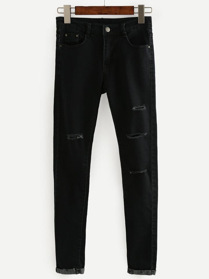 Romwe Black Knee Ripped Roll Hem Jeans