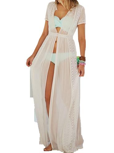 Romwe Short Sleeve Slit Maxi White Dress