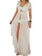 Romwe Short Sleeve Slit Maxi White Dress