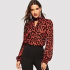 Romwe Keyhole Neck Bishop Sleeve Leopard Top