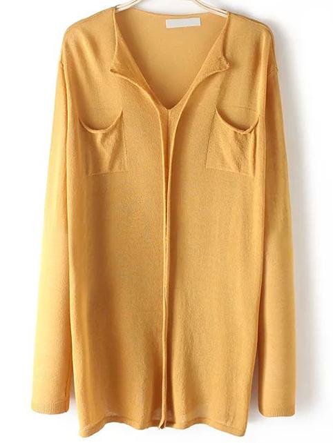 Romwe V Neck Yellow Sweater With Pockets