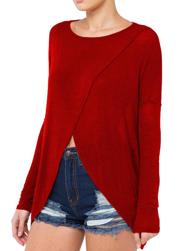 Romwe Slit Front Knit Wine Red T-shirt
