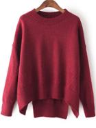 Romwe Dip Hem Slit Red Sweater