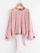 Romwe Self Tie Cutout Cuff Crushed Velvet Sweatshirt