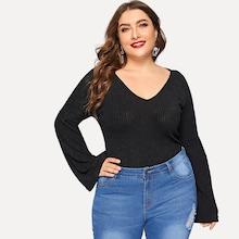 Romwe Plus Drop Shoulder Flounce Sleeve Ribbed Sweater