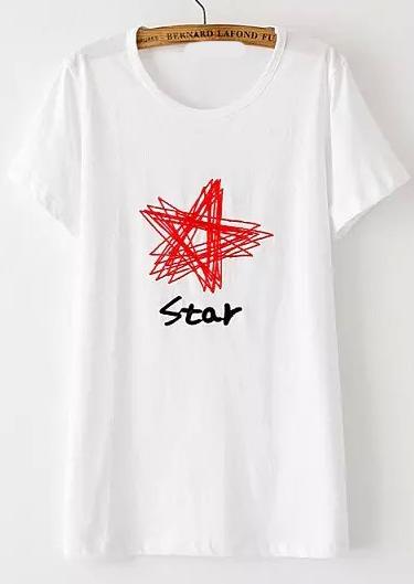 Romwe Star Print Loose White T-shirt