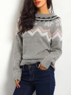 Romwe Grey Long Sleeve Snowflake Print Sweater