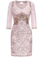 Romwe Pink V Neck Embroidered Lace Sheath Dress
