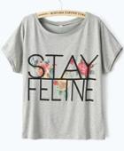 Romwe Floral Stayfeline Print Grey T-shirt