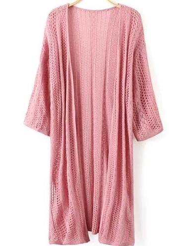 Romwe Hollow Long Pink Cardigan