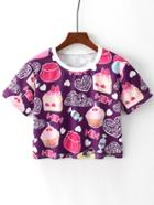 Romwe Cake Random Print Crop Tee