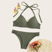 Romwe Halter Top With Ladder Cut-out Bikini Set