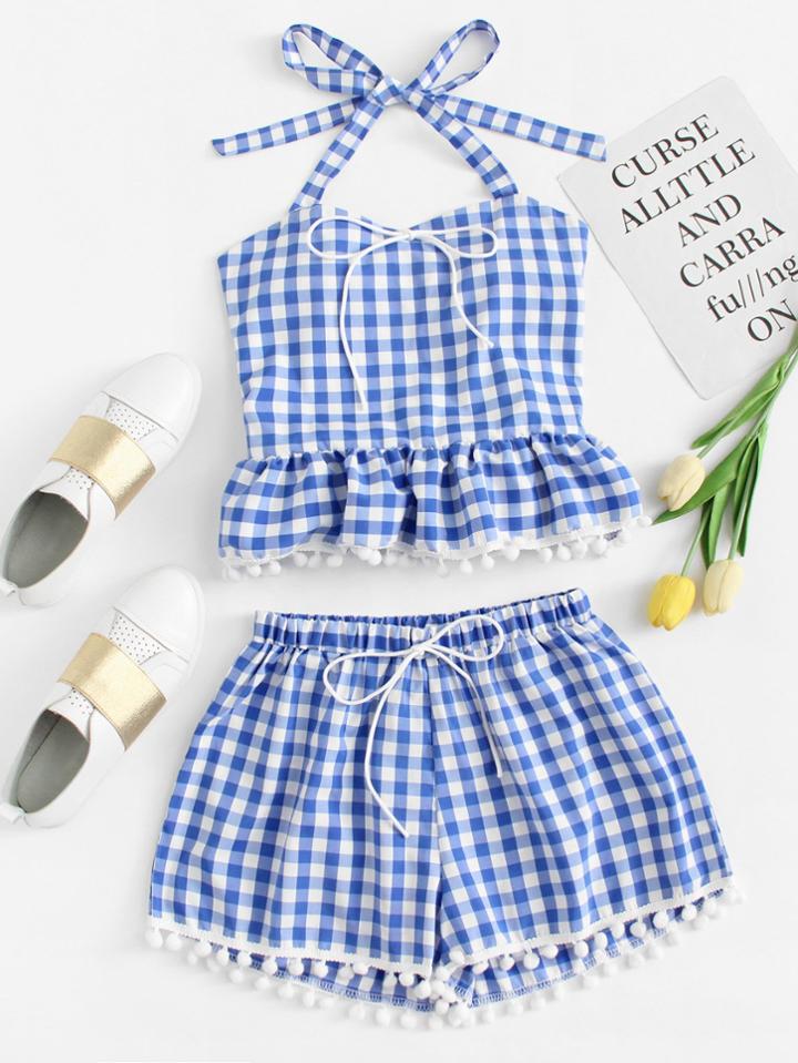 Romwe Pom-pom Hem Checked Halter Top With Shorts