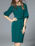 Romwe Green Tie-waist Pockets Sheath Dress