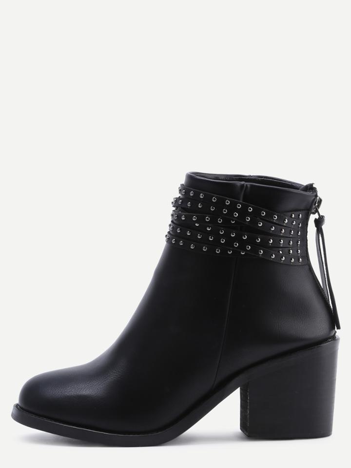 Romwe Black Rivent Strap Back Zipper Chunky Boots