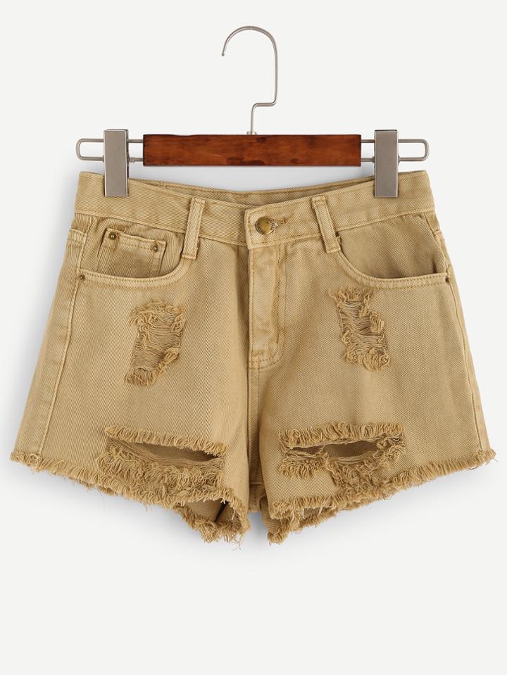 Romwe Yellow Ripped Raw Hem Denim Shorts