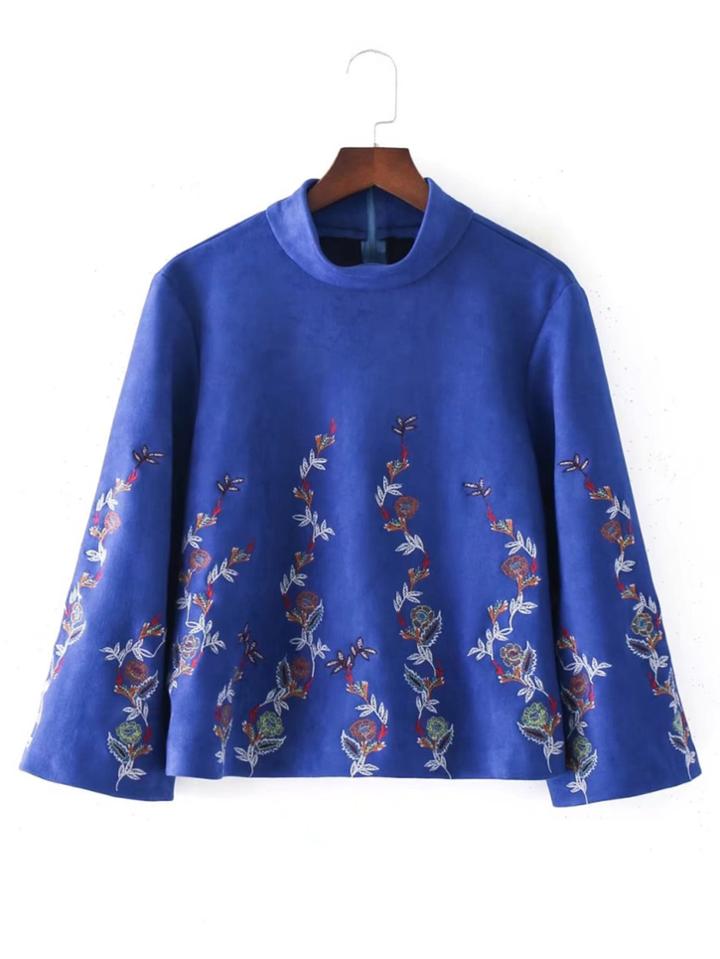 Romwe Embroidered Flower Mock Neck Top