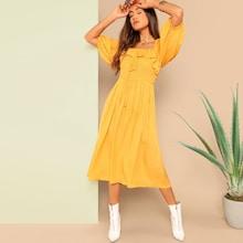 Romwe Ruffle Trim Lantern Sleeve Smocked Bodice Dress