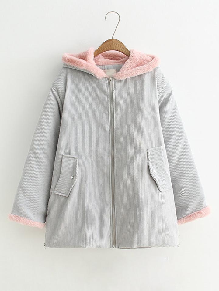 Romwe Contrast Faux Fur Hooded Corduroy Coat