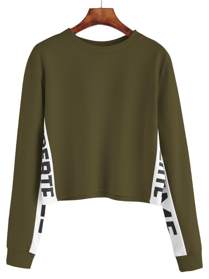Romwe Army Green Contrast Letter Print Sweatshirt