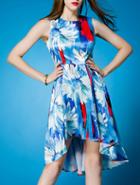 Romwe Blue Round Neck Sleeveless Digital Print High Low Dress