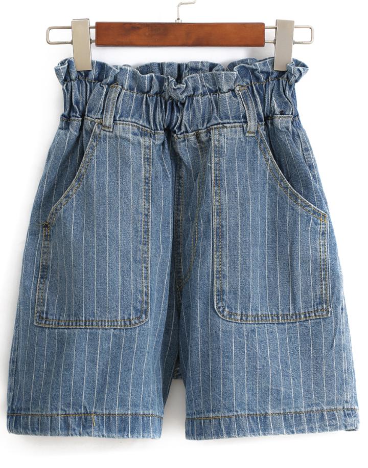 Romwe Elastic Waist With Pockets Vertical Striped Denim Shorts