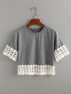 Romwe Grey Crochet Trimmed Crop T-shirt