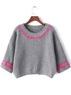 Romwe Chunky Knit Slit Back Ribbon Crop Grey Sweater