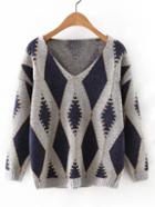 Romwe Navy V Neck Geometric Printed Sweater