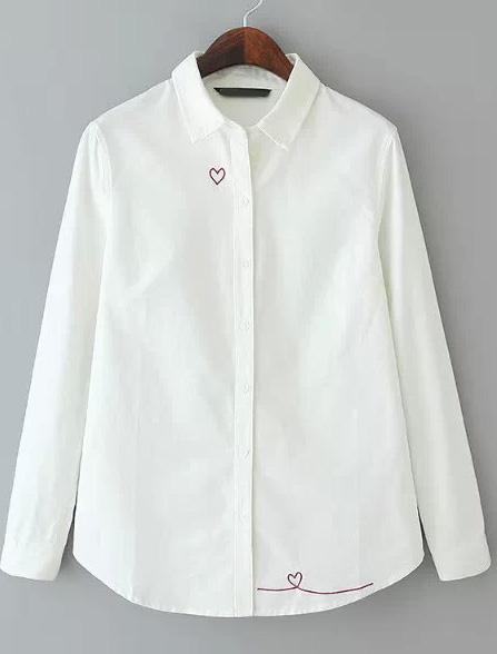 Romwe White Lapel Long Sleeve Heart Embroidered Blouse