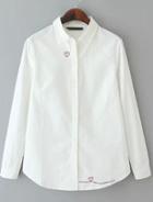 Romwe White Lapel Long Sleeve Heart Embroidered Blouse