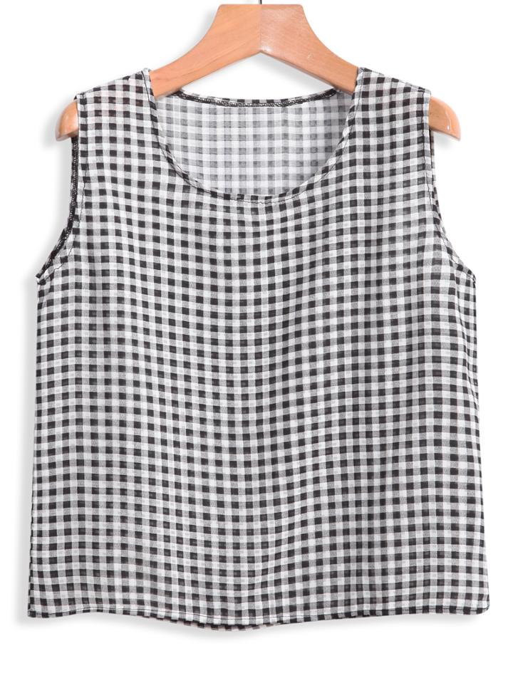 Romwe Round Neck Plaid Crop Tank Top