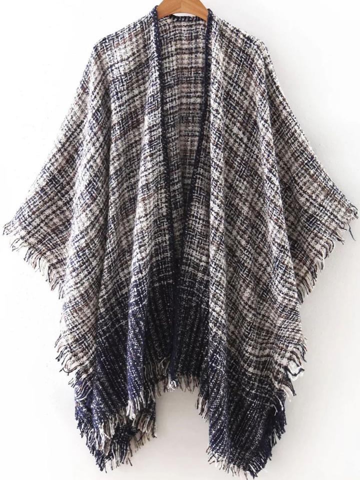 Romwe Black Frayed Tweed Poncho Scarf