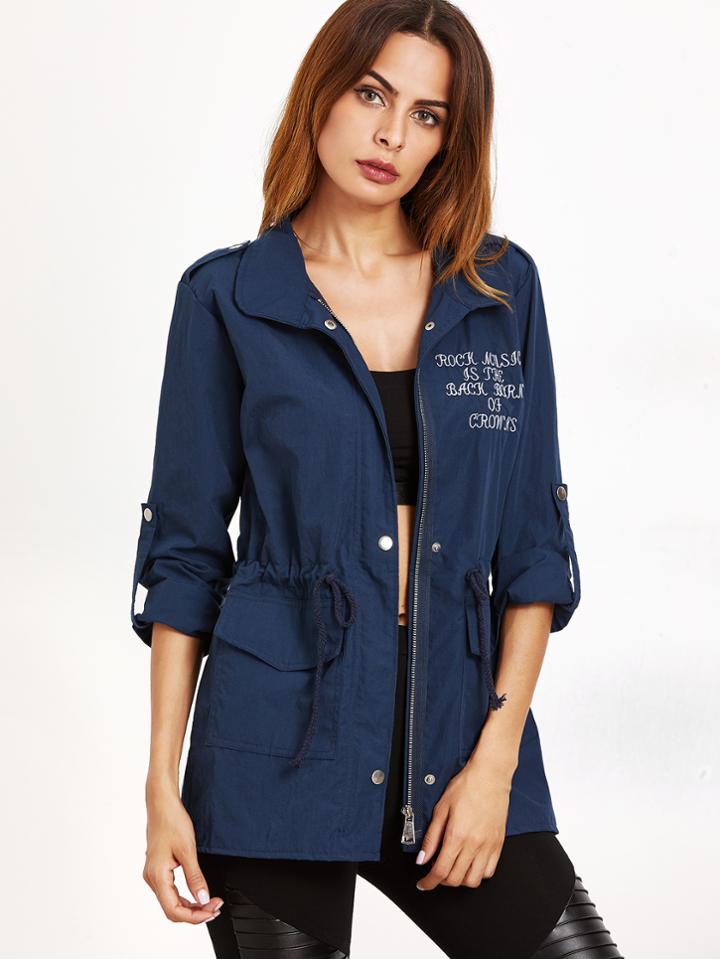 Romwe Navy Embroidered Drawstring Dual Pocket Coat