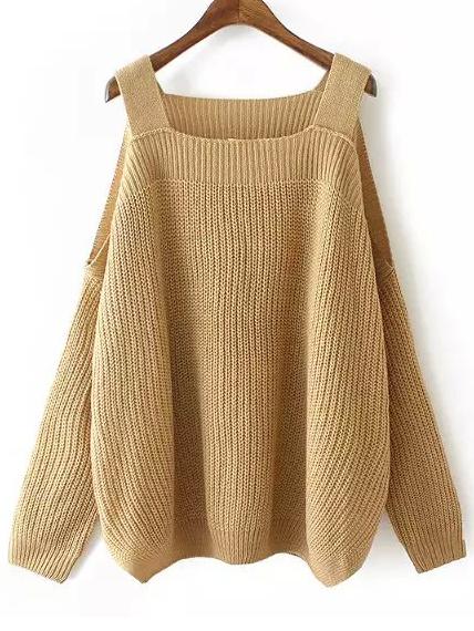 Romwe Khaki Cold Shoulder Knit Loose Sweater