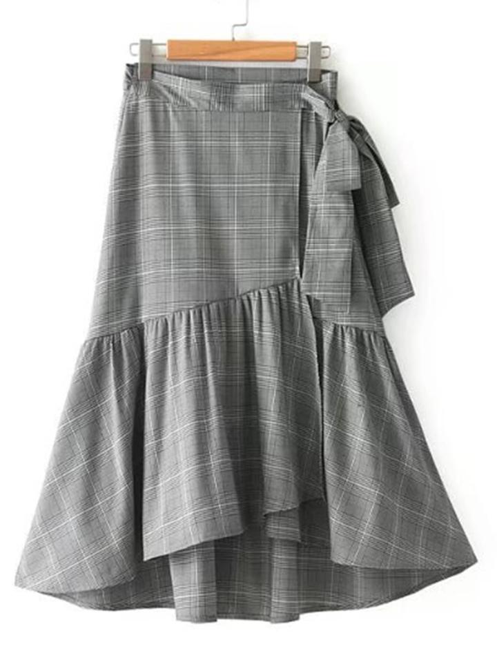 Romwe Tied Asymmetrical Glen Plaid Fluted Skirt
