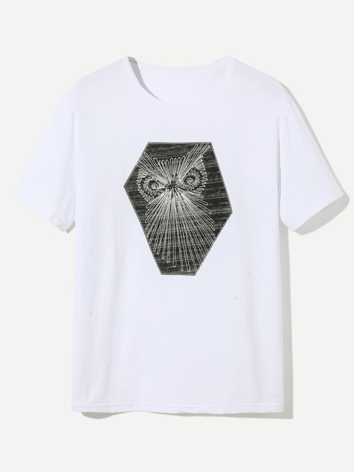 Romwe Men Abstract Owl Print Tee