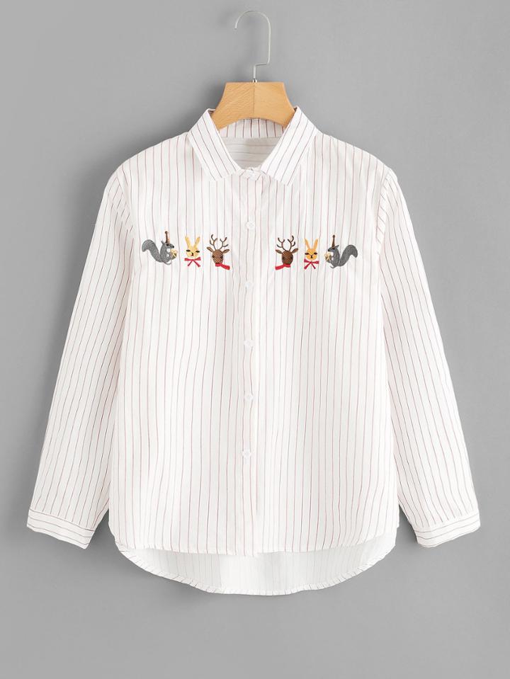 Romwe Animal Embroidered Striped Shirt