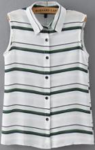 Romwe Lapel With Buttons Striped Green Tank Top