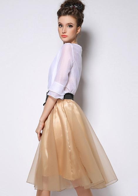 Romwe Bow Sheer Mesh Flare Champagne Skirt