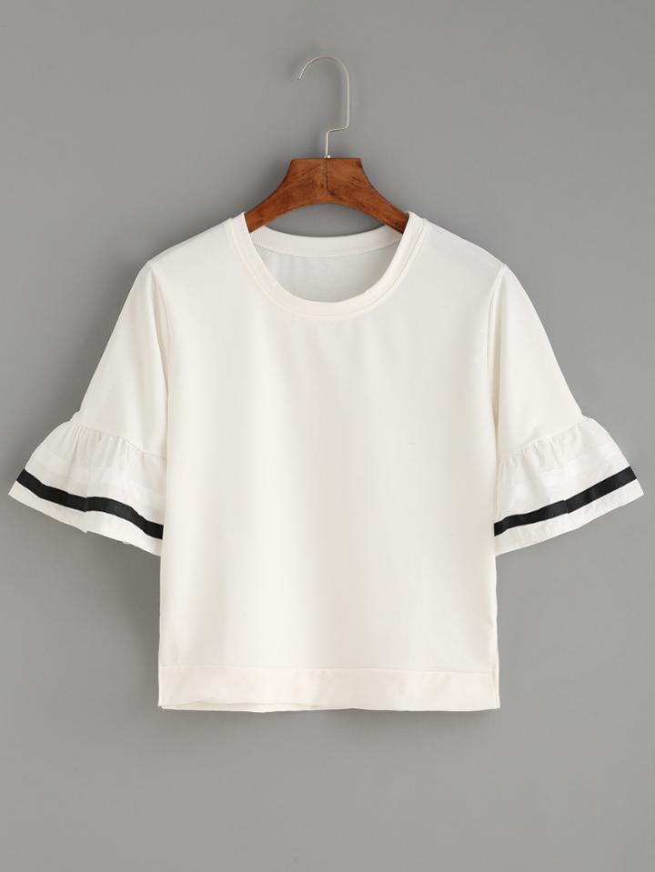 Romwe White Striped Ruffle Sleeve T-shirt