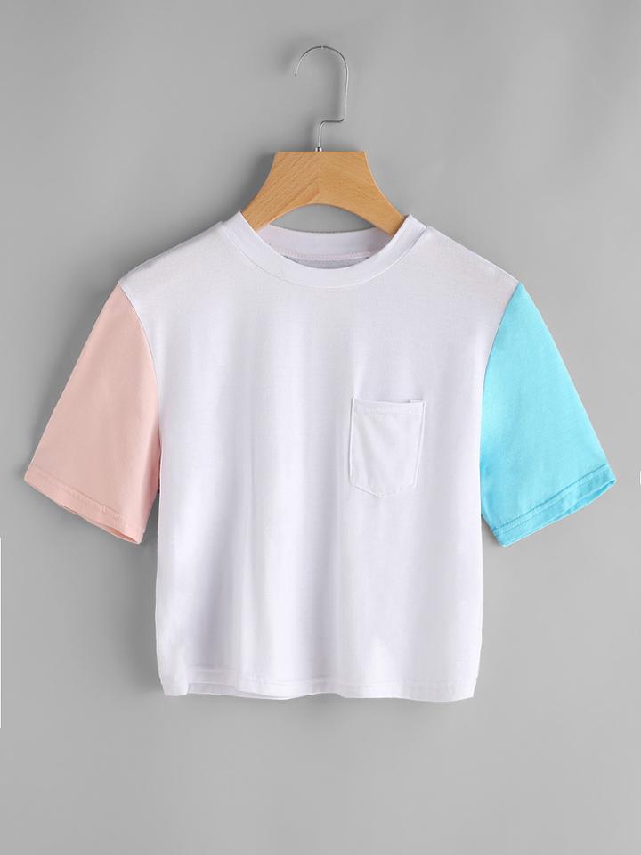 Romwe Contrast Sleeve Tee With Chest Pocket