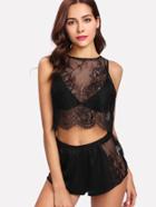 Romwe Floral Lace Top And Shorts Pj Set