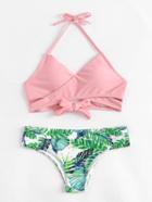 Romwe Palm Print Wrap Self Tie Bikini Set