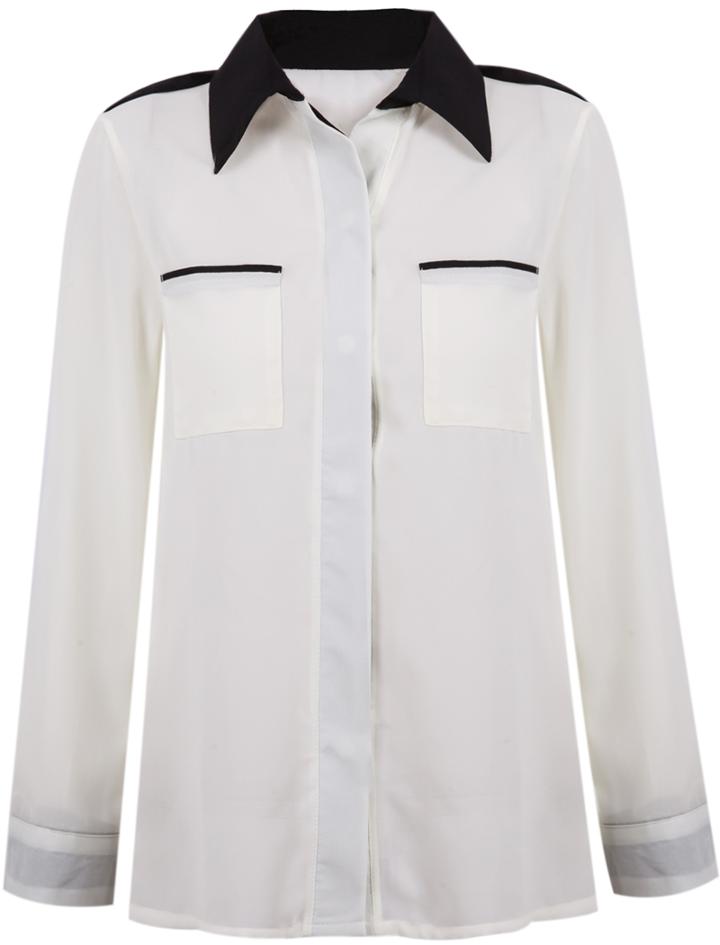 Romwe Apricot Contrast Lapel Pockets Chiffon Blouse
